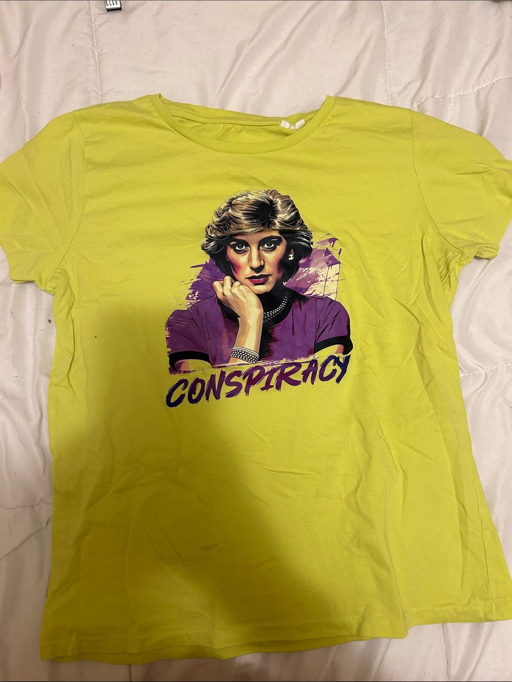 Yellow Graphic 'Conspiracy' Tee with Purple Artwork